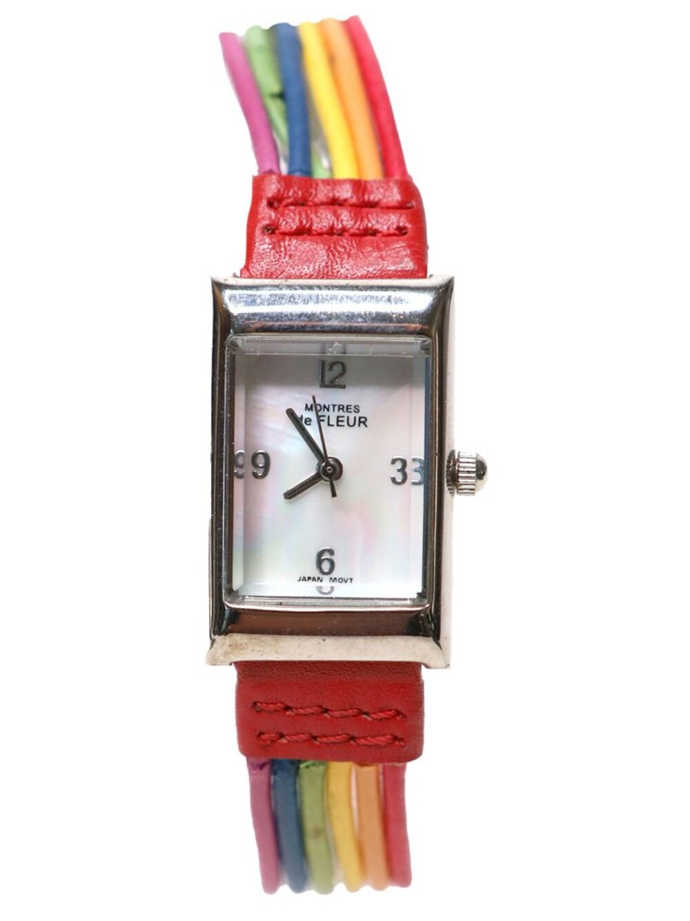 Montres De Fleur Rainbow Striped Faux Leather Strap Watch Mother of Pearl Face